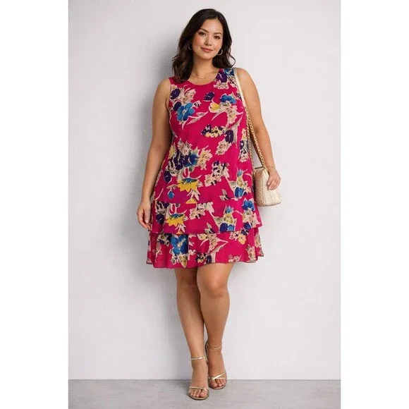 Ralph Lauren Womens 16 Pink Floral Dress Flowy Ruffle Hem Sleeveless Gerogette - Picture 1 of 14